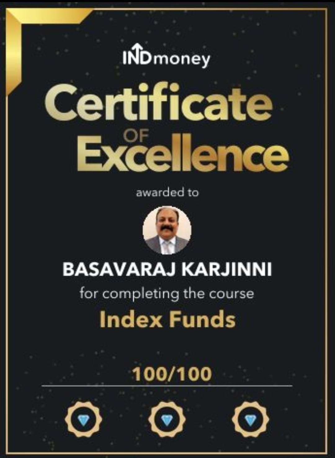 INDmoney Certificate of Excellence awarded to Basavaraj Karjinni for completing the Index Funds course with a score of 100 out of 100.
