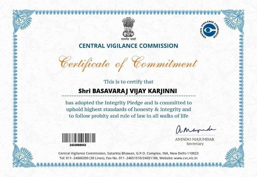 Central Vigilance Commission Certificate of Commitment certifying that Shri Basavaraj Vijay Karjinni has adopted the Integrity Pledge.