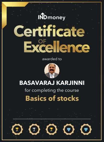 INDmoney Certificate of Excellence awarded to Basavaraj Karjinni for completing the Basics of stocks course.