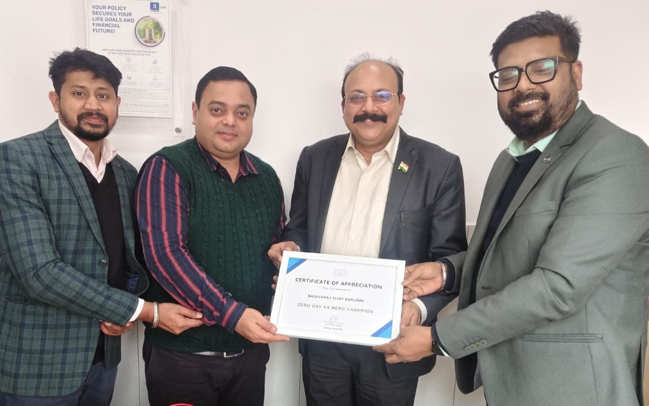 Bajaj Allianz Life Certificate of Appreciation naming Basavaraj Vijay Karjinni Zero Day Ka Hero Champion, presented by the cluster team.