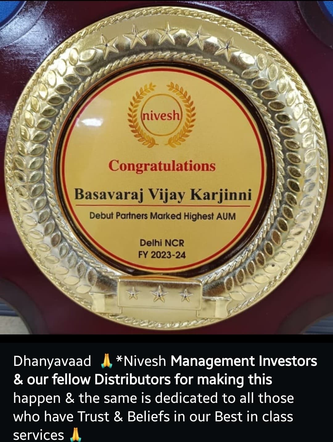 Nivesh recognition artwork congratulating Basavaraj Vijay Karjinni as the debut partner with the highest AUM in Delhi NCR for FY 2023-24.