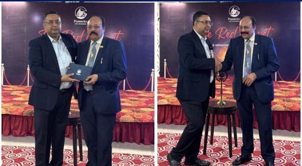 Basavaraj Vijay Karjinni being presented an award and lighting the ceremonial lamp at the Pramerica Life Insurance Red Carpet event.