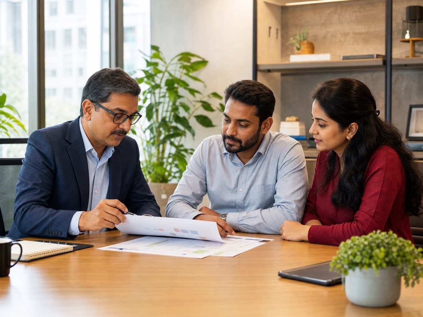 Indian financial advisor reviewing a plan with a couple