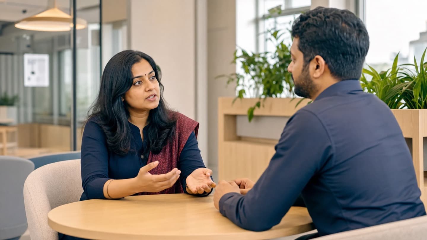 Indian HR consultant speaking with a professional